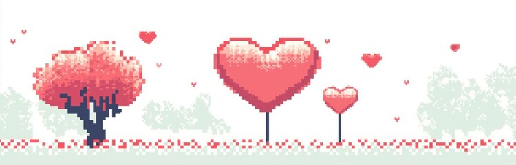 Fototapeta premium Pixel art illustration of charming trees and heart shapes in soft pink hues, symbolizing love, creativity, and romance