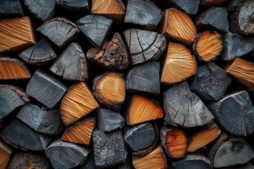 Selbstklebende Fototapeten Pile of cut firewood logs with dark and light textures © annmelnikova