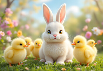 Easter bunny surrounded by chicks and baby ducks