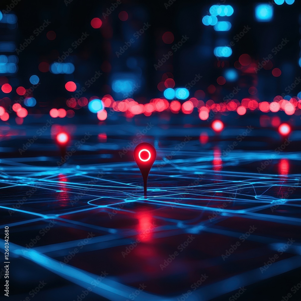 Poster a futuristic cityscape with glowing blue lines and red location pins, creating a digital map aesthet