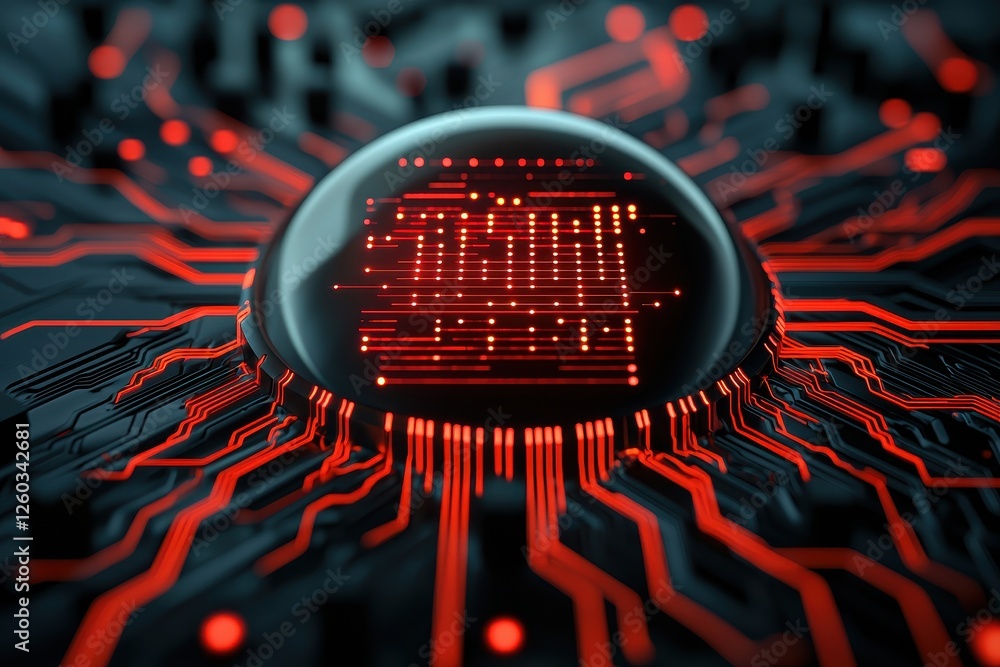 Poster a futuristic close-up of a circuit board with a glowing, dome-shaped component at its center, surrou