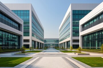 Modern office buildings with glass facades flanking a wide pathway and landscaped green spaces under a clear blue sky.