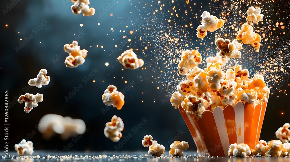 Aufkleber popcorn exploding from bucket with buttery vanilla caramel drizzled popcorn on white background