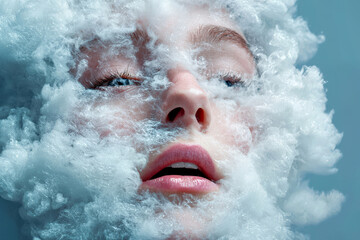 Young caucasian female in ethereal cotton cloud surroundings