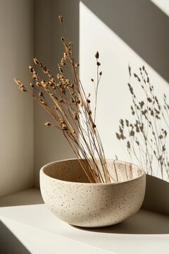 Dried Flowers in a Speckled Ceramic Bowl