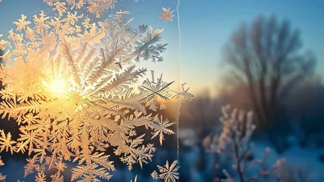 Intricate frost pattern illuminated by soft dawn sunlight