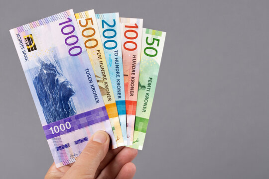 Norwegian krone in the hand on a gray background