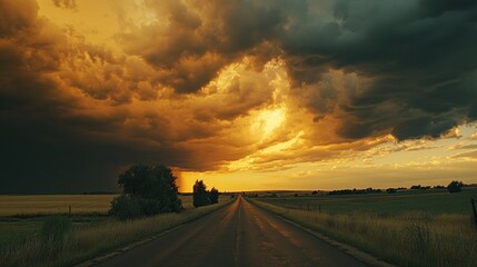 Dramatic sunset over rural road, storm clouds brewing, fields