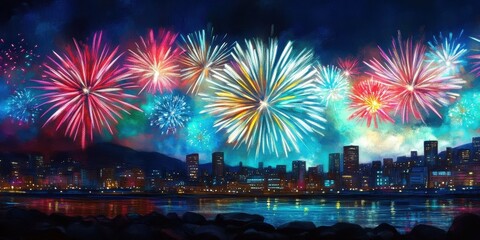 Obraz premium Spectacular fireworks display over tokyo city nighttime skyline vibrant art style urban environment aerial view celebration theme