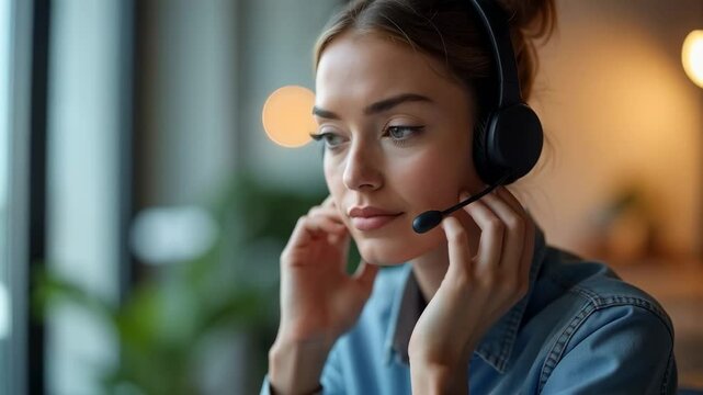 A Young Woman Engaged in a Professional Conversation While Wearing a Headset at a Modern Workspace with Soft Lighting and Greenery in the Background