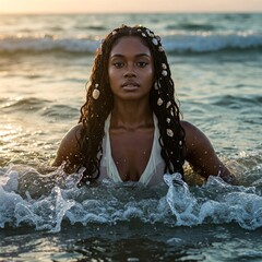 The image of a black woman from the salty waters of the tides and oceans represents motherhood, protection and intuition. Allusion to the Orisha Yemanjá