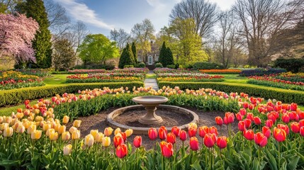Obraz premium Spring tulips garden, mansion background, sunny day, landscape