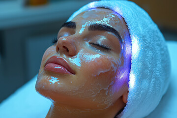 Female beauty treatment with facial mask and led light therapy