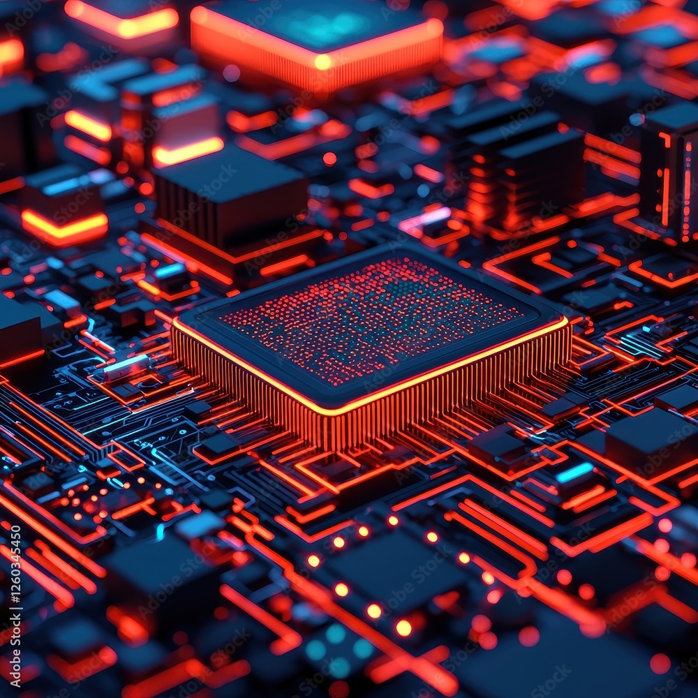 Poster a vibrant close-up of a circuit board featuring intricate pathways and a central processor glowing i