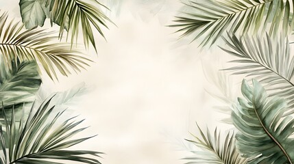 Watercolor painting features palm leaves and banana leaves arrangement