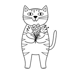 Cute cat with a bouquet of flowers black and white print. Happy feline character with for Valentine's Day and Love coloring page. Vector illustration
