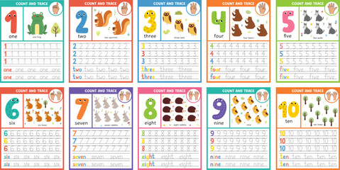Number tracing worksheets bundle for kids. Learning numbers 1-10 activity pages set for pre-school. Count and trace numbers templates collection. Vector illustration
