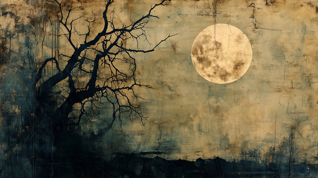 ull moon with bare tree on vintage grunge background.