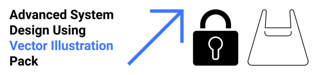 Lock for cybersecurity, shopping bag for e-commerce, blue arrow suggesting advancement. Ideal for technology, retail, innovation, system design, growth, online shopping flat landing page banner