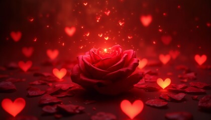 a red rose flower on a dark background with hearts, an abstract dark backdrop for the Valentine's Day celebration