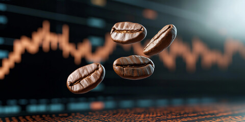Coffee beans floating over rising stock market graph indicating increasing coffee prices