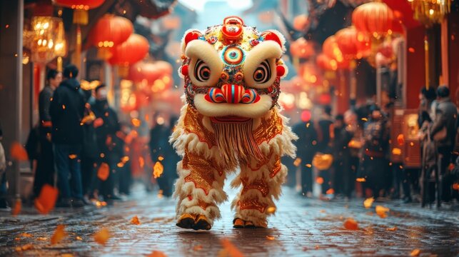 A traditional Chinese lion dance performed in frot