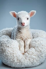 Fototapeta premium Adorable Lamb Resting in a Fluffy White Bed