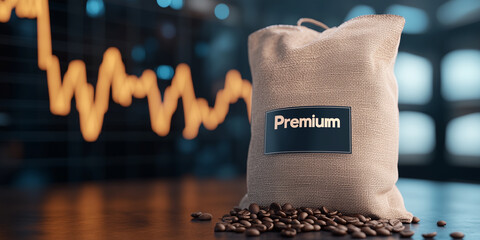 Coffee sack with premium label and glowing price charts representing the global coffee market in 3D