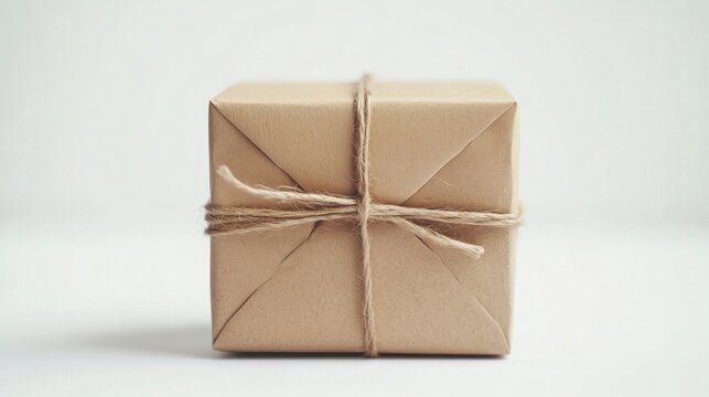 Brown paper package tied with twine on white background