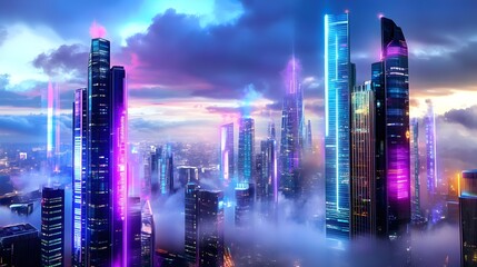 Futuristic Cityscape, Neon Skyline, Night - Cyberpunk aesthetics