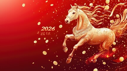 Golden horse with coins on red background celebrating 2026 in a festive design
