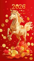 Golden horse with coins and flowers on red background celebrating 2026