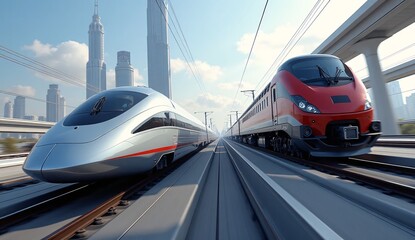 Fototapeta premium Futuristic Trains on Urban Railway Tracks Under Clear Sky