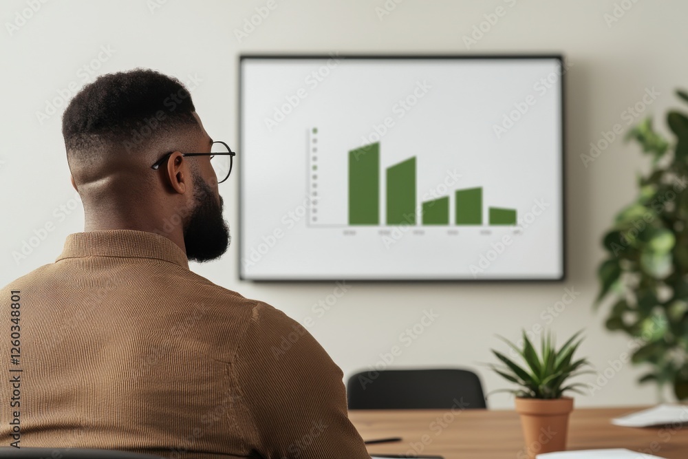 Poster a man observes a green bar graph on a screen during a presentation in a modern office setting with a