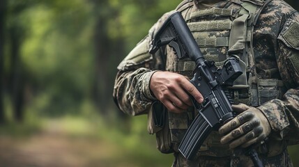 Fototapeta premium A depiction of a military soldier in uniform holding a firearm, symbolizing strength, bravery, and combat readiness