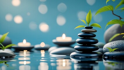 Spa Stones with Green Leaf and Tranquil Background  