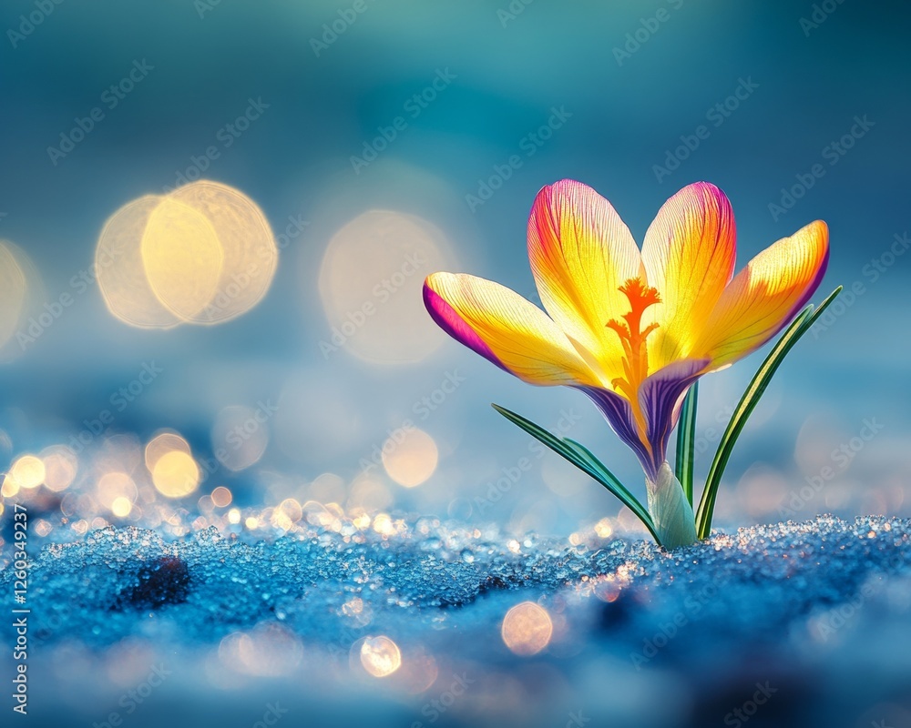 Poster single crocus flower blooming in the snow, spring background with shallow depth of field