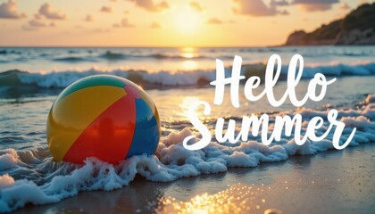 Colorful beach ball on sandy shore with sunset and "Hello Summer" text overlay