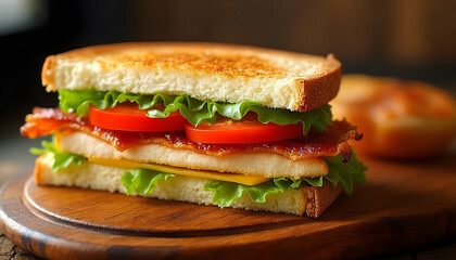 Three-layer club sandwich, toasted toaster, fresh lettuce leaves, ripe tomatoes, chicken breast, cheese