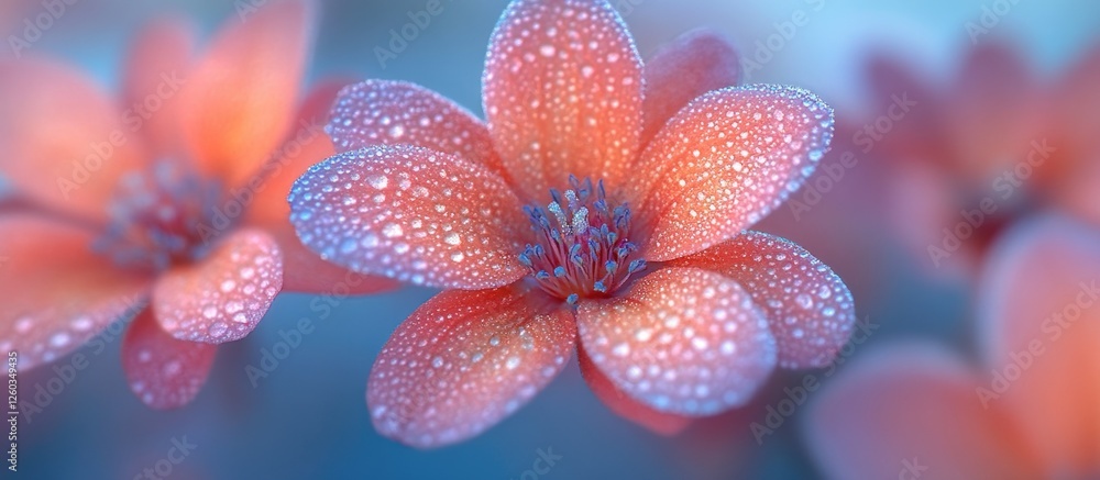 Aufkleber delicate flower cluster with dew drops set against a soft blue background showcasing shallow depth o