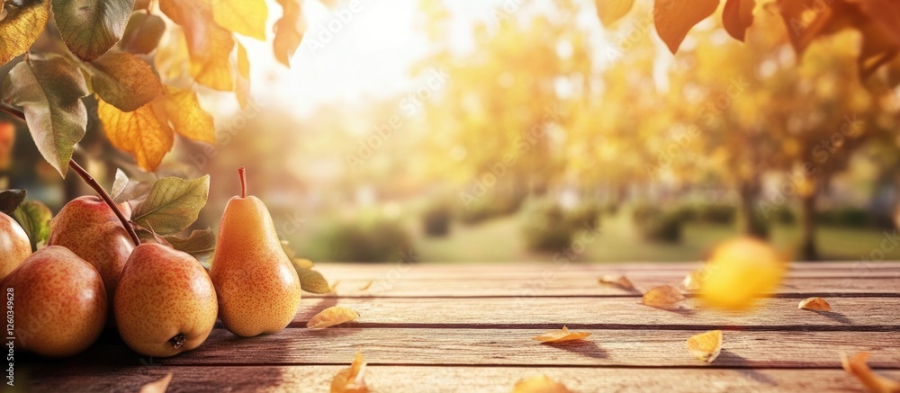Poster pear fruits on a wooden table with autumn leaves and a blurred tree background creating an inviting 
