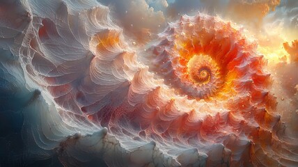 Stunning abstract spiral shell with vibrant orange and soft pastel hues, evoking a sense of wonder and tranquility, perfect for nature and design themes.