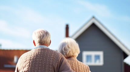 Elderly couple standing in front of their house, rear view. Reverse mortgage loan for seniors concept. Copy space