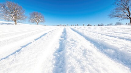 Obraz premium Snowy cross-country ski trail, winter landscape, sunny day