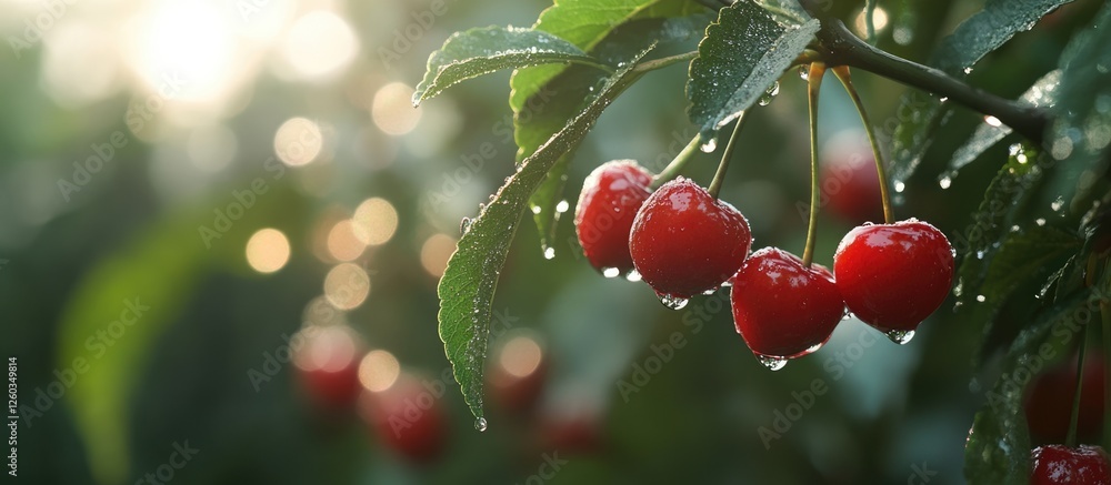 Poster close-up of fresh sour cherries on branch with water droplets and soft bokeh background showcasing v