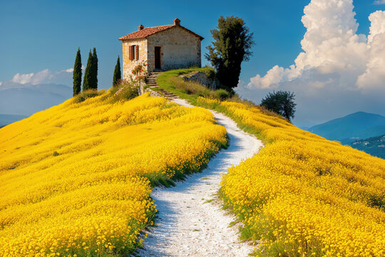Idyllic Stone Cottage on a Hill of Yellow Blooms