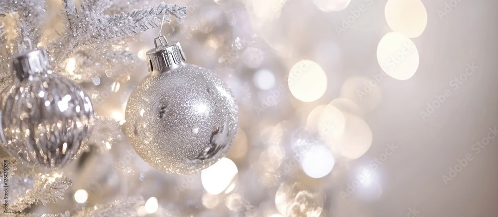 Poster silver and white bokeh lights abstract background with christmas decorations creating a festive and 