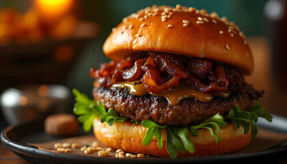  “Hamburger de luxe": Premium burger, black angus beef, brioche, caramelized onions, truffle mayonnaise, fresh rucola leaves.