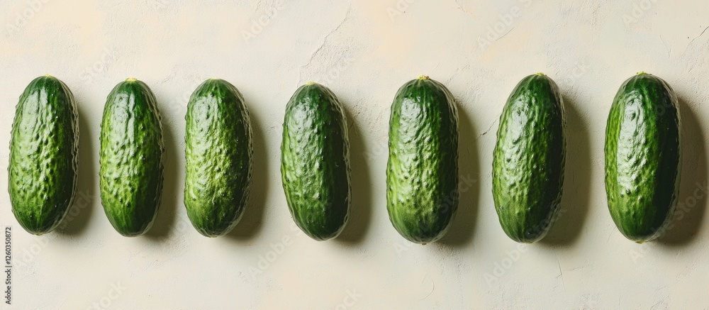 Poster fresh green cucumbers arranged in a row on a light textured background for a vibrant culinary presen