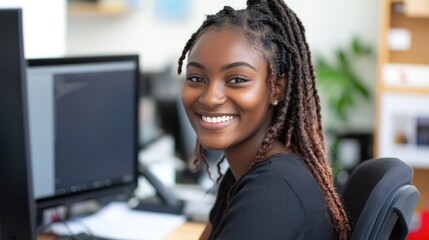 Cheerful female customer support representative engaged in work at a computer in a modern office setting